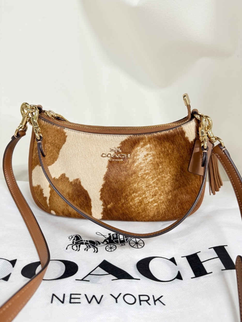 NWT COACH Teri Shoulder Bag In Haircalf With Cow Print CDW45 Gold/Cow Multi